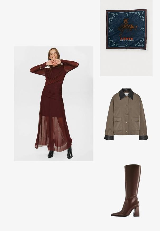 Ruskea napitettu takki mustalla nahka-kauluksella ja hihansuilla, jossa on kaksi etupuolella olevaa läppälaukkua napilla.; Pitkä viininpunainen mekko, joka on valmistettu läpikuultavasta ja sileästä kankaasta. Mekossa on kietaistu yläosa, romahtavia yksityiskohtia ja läpikuultavat pitkät hihat.; Ruskea polvipituiset nahkasaapikas, jossa on terävä kärki ja paksu, keskikorkea korko, kuvattu sivuprofiilista valkoisella taustalla.; Meripiyri silk scarf yang berbentuk navy dengan grafis penunggang kuda cokelat, pola tali biru dekoratif, dan teks "LEVI'S DIPAKAI OLEH SEMUA PENUNGGANG KUDA" berwarna merah.