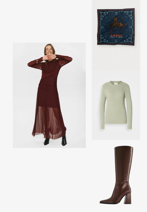 Giubbotto marrone con bottoni, colletto e polsini in pelle nera, dotato di due tasche frontali con pattina e chiusura a scatto.; Maglione a maglia verde chiaro con scollo rotondo, maniche lunghe e polsini a coste. Presenta un piccolo logo sul petto.; Lungo abito bordeaux realizzato in tessuto trasparente e morbido, con un corpino avvolgente, dettagli arricciati e maniche lunghe trasparenti.; Stivale in pelle marrone al ginocchio con punta affusolata e tacco trasparente e chunky. Texture liscia con dettagli minimi.; Foulard di seta blu navy con una grafica di un cavaliere a cavallo marrone, un motivo decorativo di corda blu e il testo "LEVI'S INDOSSATO DA TUTTI I COWBOY" in rosso.