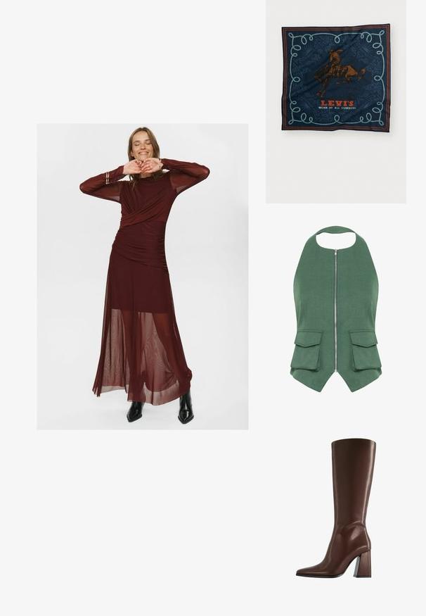 Hnědá sako na knoflíky s černým koženým límcem a manžetami, obsahující dvě přední kapsy s klopami a patentními uzávěry.; Gestuz CALLIA HALTERNECK - Blůza - posy green melange; Dlouhá vínová šaty vyrobená z průhledné a hladké tkaniny, s obtočeným živůtkem, nařasenými detaily a průhlednými dlouhými rukávy.; Hnědá kožená vysoká bota po kolena s hrotitou špičkou a robustním středně vysokým podpatkem, zobrazena z profilu na bílém pozadí.; Námořnický hedvábný šátek s grafikou hnědého jezdce na koni, dekorativním modrým lanovým vzorem a textem "LEVI'S NOŠENÉ VŠEMI KOVBOJI" v červené barvě.; Hnědá semišová kabelka se dvěma pevnými uchy, obdélníkovým tvarem a dekorativním páskem přes přední stranu.