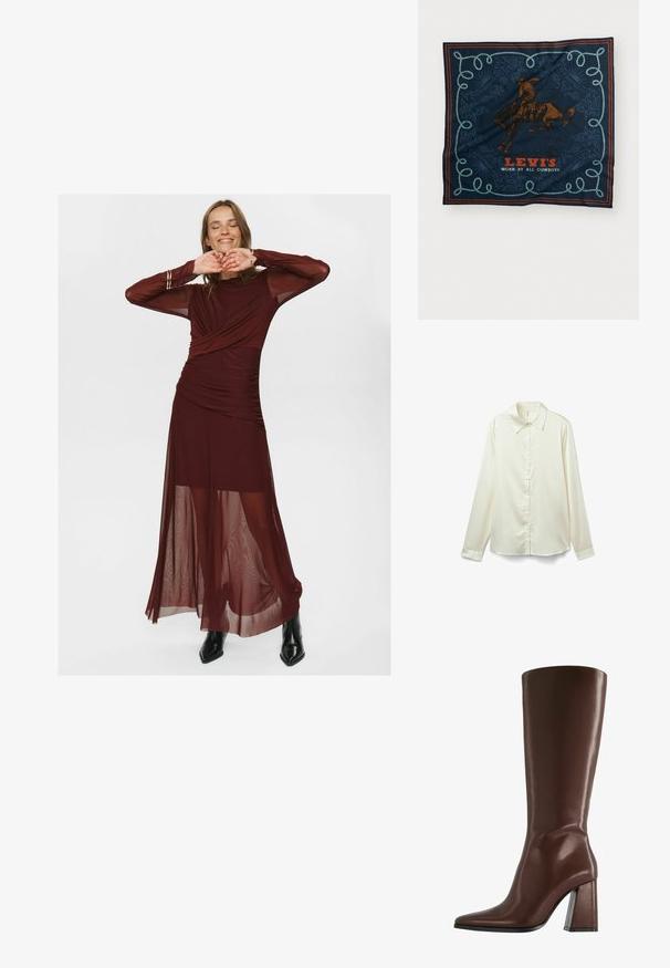 Bruine button-up jas met een zwarte leren kraag en manchetten, met twee voorflapzakken met drukknoopsluitingen.; Crème-kleurige blouse met lange mouwen van glanzende stof. Heeft een klassieke kraag, een knoopsluiting en een lichtgebogen zoom aan de onderkant.; Lange bordeauxrode jurk gemaakt van doorschijnende en gladde stof, met een gewikkelde bodice, geplooide details en doorschijnende lange mouwen.; Bruine leren laars tot de knie met een puntige neus en een dikke, transparante hak. Glad oppervlak met minimale details.; Marineblauwe zijden sjaal met een grafisch ontwerp van een bruine ruiter, een decoratief blauw koordpatroon en de tekst "LEVI'S DRAAGT DOOR ALLE COWBOYS" in het rood.