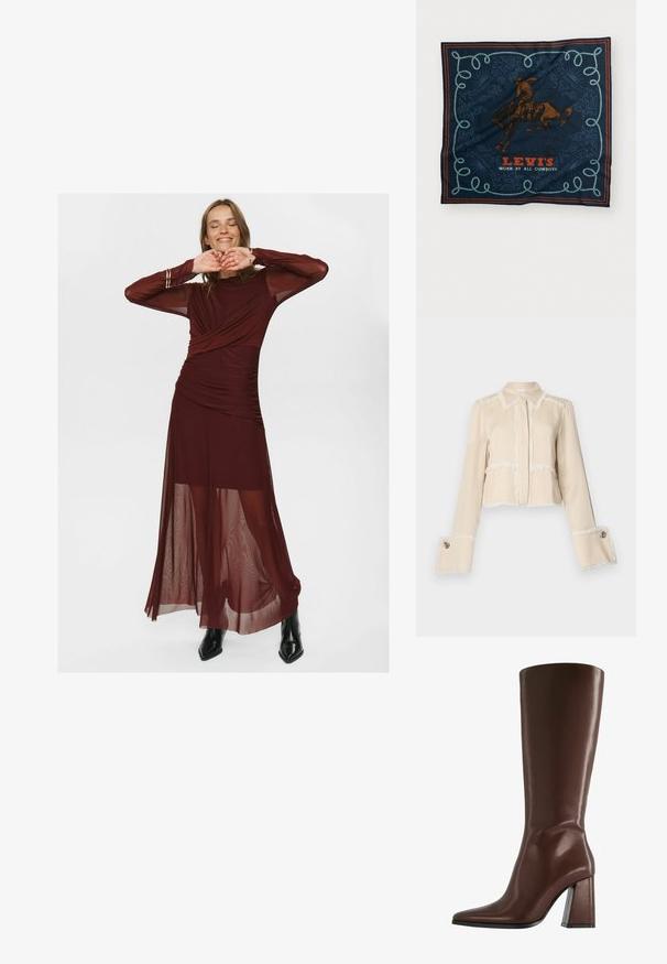 Hnědá sako na knoflíky s černým koženým límcem a manžetami, obsahující dvě přední kapsy s klopami a patentními uzávěry.; Zkrácená béžová bunda vyrobená z měkké látky, s bílými třásněmi podél okrajů a velkými dekoračními knoflíky na manžetách.; Dlouhá vínová šaty vyrobená z průhledné a hladké tkaniny, s obtočeným živůtkem, nařasenými detaily a průhlednými dlouhými rukávy.; Hnědá kožená bota až po kolena s špičatou špičkou a masivním průhledným podpatkem. Hladký povrch s minimálním zdobením.; Námořnický hedvábný šátek s grafikou hnědého jezdce na koni, dekorativním modrým lanovým vzorem a textem "LEVI'S NOŠENÉ VŠEMI KOVBOJI" v červené barvě.