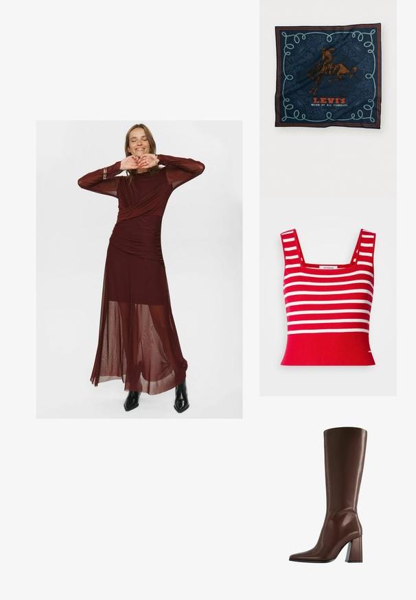 Giubbotto marrone con bottoni, colletto e polsini in pelle nera, dotato di due tasche frontali con pattina e chiusura a scatto.; Cropped top rosso lavorato a maglia con strisce orizzontali bianche. Presenta un collo quadrato e una texture a coste. Etichetta posizionata al centro.; Lungo abito bordeaux realizzato in tessuto trasparente e morbido, con un corpino avvolgente, dettagli arricciati e maniche lunghe trasparenti.; Stivale marrone in pelle alto fino al ginocchio con punta a punta e tacco medio spesso, mostrato di profilo su sfondo bianco.; Foulard di seta blu navy con una grafica di un cavaliere a cavallo marrone, un motivo decorativo di corda blu e il testo "LEVI'S INDOSSATO DA TUTTI I COWBOY" in rosso.