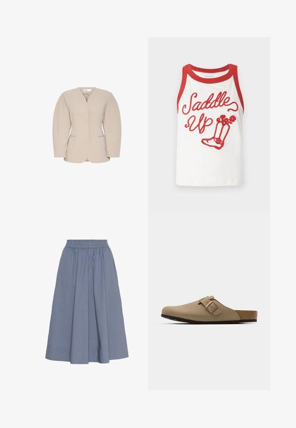 Bež blazer s dubokim V-izrezom, strukturiranim ramenima i dugim rukavima. Ima dvije prednje džepove i glatku završnu obradu.; Bijela majica bez rukava s crvenim obrubom, s natpisom "Saddle Up" i grafikom čizama u crvenoj vezici. Glatka tkanina, ležeran dizajn. Veličine se mogu razlikovati.; Suknja do koljena, svijetloplave boje, od pamučne tkanine s elastičnim pojasom, s gathered dizajnom i glatkom teksturom za udobnost.; Bež drvene cipele s okruglim vrhom, podešavajućim kopčama i plutastim uloškom. Teksturirana površina s crnim gumiranim potplatom za bolje prianjanje.