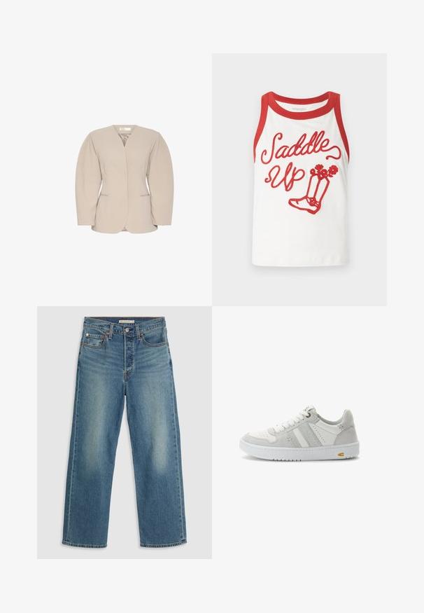 Blazer beige con scollatura a V profonda, spalle strutturate e maniche lunghe. Presenta due tasche frontali e una finitura liscia.; Canotta bianca con bordi rossi, caratterizzata dal testo "Saddle Up" e da un grafico di stivali ricamato in rosso. Tessuto morbido, design casual. Le taglie possono variare.; Jeans in denim blu chiaro con un taglio dritto. Le caratteristiche includono una vita cucita, cinque tasche e sbiaditure visibili.; Sneaker bianco e grigio chiaro, mix di pelle e scamosciato, punta rotonda, design con lacci, suola testurizzata, strisce laterali e un piccolo accento giallo.