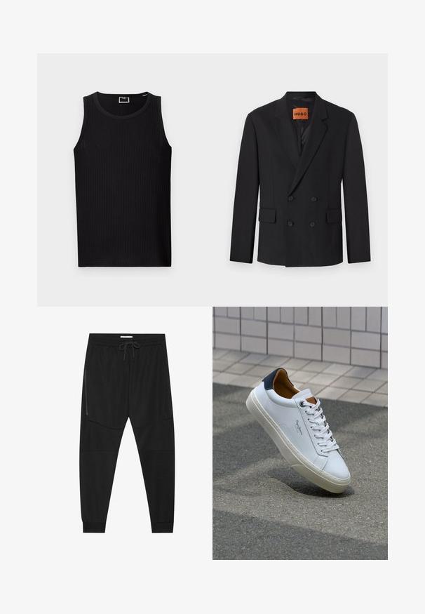 Blazer nero doppiopetto con rever a punta, tasche frontali e bottoni. Il tessuto appare liscio con una leggera lucentezza. Etichetta HUGO visibile all'interno.; Top in cotone nero a coste, con scollatura tonda, senza maniche e in un tessuto morbido e testurizzato. Caratterizzato da un orlo dritto e un branding minimale.; Pantaloni sportivi neri in tessuto texturizzato, dotati di una vita regolabile, tasca laterale con zip e polsini a gamba affusolata.; Sneaker bianca in pelle con tallone blu, punta rotonda e accenti marroni a contrasto. Presenta lacci piatti e suola in gomma testurizzata.