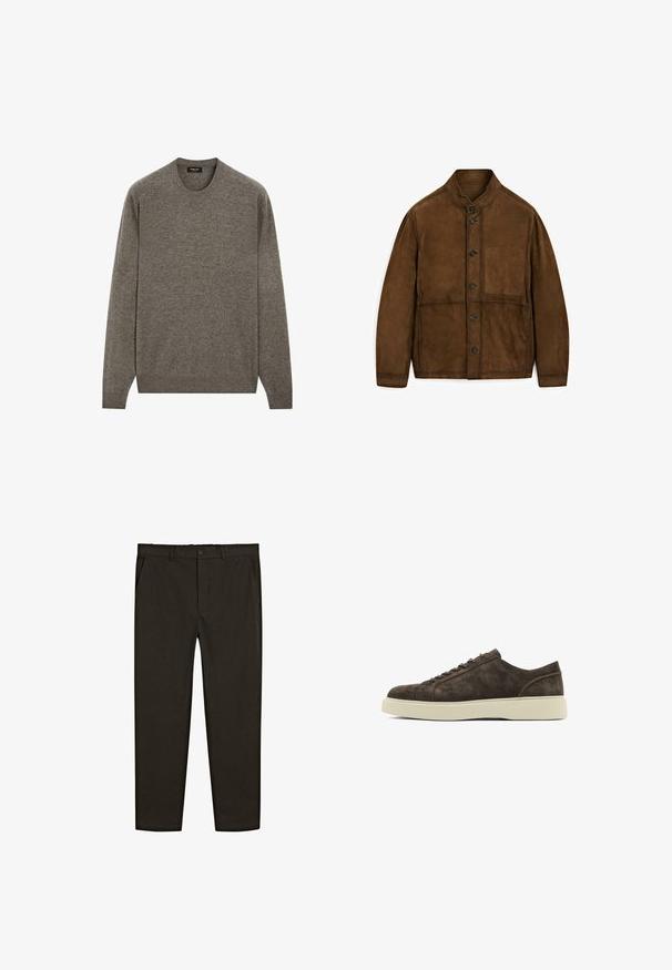 Braune Wildlederjacke mit Stehkragen, vorderem Knopfverschluss, langen Ärmeln und einer einzelnen Brusttasche. Weiche Textur und minimalistisches Design.; Brauner Strickpullover mit Rundhalsausschnitt und langen Ärmeln, gerippten Bündchen und Saum, weicher Textur und einem schlichten Design ohne Muster oder Verzierungen.; Dunkelbraune, gewebte Stoffhose mit geradem Bein, vorderen Taschen und einem Knopfverschluss an der Taille. Glatte Textur.; Braune Wildledersneaker mit glatter Textur, runder Zehenpartie, flacher Gummisohle und einfachem Schnürdesign. Dezente Nähte seitlich.