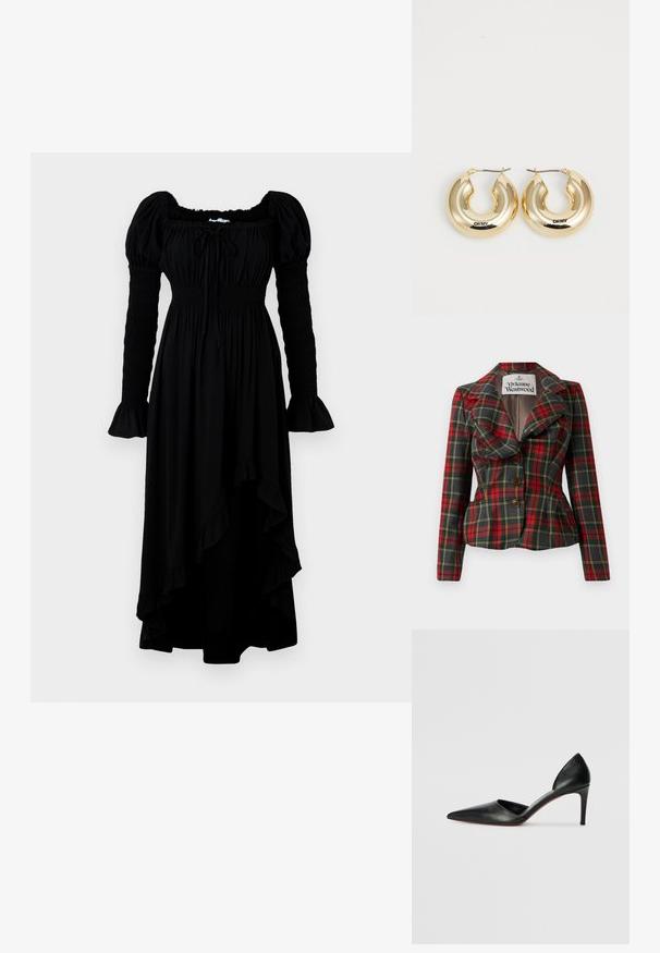 Punainen ja musta ruudullinen takki, jossa on istuva malli, suuret läpät ja kolme ruskeaa nappia edessä. Vuorattu sisäosa, Vivienne Westwood -logo näkyvissä.; Musta, pitkähihaisesti mekko, jossa on neliömäinen pääntie, smockattu yläosa ja röyhelöhelma. Valmistettu pehmeästä kankaasta; hihoissa on gathered-yksityiskohtia.; Mustat nahkaiset korkokenkäpumpsit, joissa on teräväkärkinen muotoilu, avoimet sivut ja virtaviivainen siluetti. Ominaisuuksiin kuuluu ohut korko ja punainen pohja.; Kulta-renkaat korvakorut, joissa on sileä, pyöreä muotoilu ja kiiltävä pinta. Varustettu lukolla kiinnittämistä varten. Kaiverrettu "DKNY".