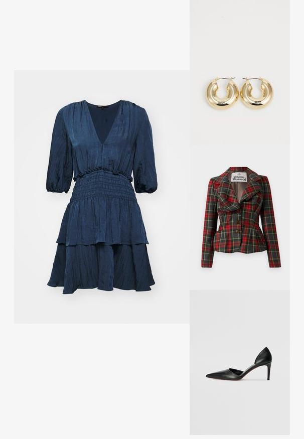 Červená a čierna károvaná bunda so strihom na mieru, veľké klopy a tri hnedé gombíky na prednej strane. Podšitý interiér, viditeľná značka Vivienne Westwood.; Námornícky modré šaty s výstrihom do V, balónovými rukávmi a smúteným pásom. Majú vrstvenú sukňu s textúrovanou tkaninou.; Biely saténový top s nastaviteľnými ramienkami, štruktúrovaným, zošitým dekoltom a rovnomerným lemom. Hladká textúra a minimalistický dizajn.; Čierne kožené lodičky na vysokom opätku s špicatou špičkou, otvorenými stranami a elegantným siluetou. Majú tenký opätok a červený akcent na podrážke.; Zlaté kruhové náušnice s hladkým, zaobleným dizajnom a lesklým povrchom, s klipom pre zabezpečenie. Vypálené s nápisom "DKNY."