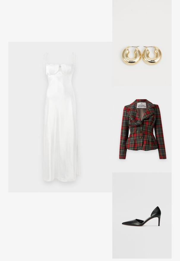 Czerwona i czarna katana w kratę o dopasowanym fasonie, z dużymi klapami i trzema brązowymi guzikami z przodu. Podszewka, widoczna metka Vivienne Westwood.; Biała satynowa maxi sukienka z dopasowanym gorsetem, delikatnym dekoltem serca, regulowanymi cienkimi ramiączkami i bocznym rozcięciem. Gładka, błyszcząca tekstura.; Czarne skórzane szpilki na wysokim obcasie z wydłużonym noskiem, otwartymi bokami i smukłą sylwetką. Charakteryzują się cienkim obcasem i czerwonymi akcentami na podeszwie.; Złote kolczyki w kształcie obręczy o gładkim, zaokrąglonym designie i błyszczącym wykończeniu, z zapięciem do zamykania. Grawerowane z napisem "DKNY."