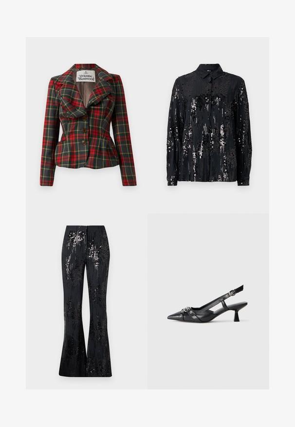 Červený a černý kostkovaný kabát se střihem na míru, velkými klopami a třemi hnědými knoflíky vpředu. Podšitý interiér, viditelný štítek Vivienne Westwood.; Černá košile s knoflíky vyrobená z látky zdobené flitry, s límečkem a dlouhými rukávy, s třpytivým, texturovaným vzorem.; The Kooples PANTALON SEUL - Kalhoty - black; Černé kožené slingback boty s špičatou špičkou, dekorativními pásky s kovovými očky a nízkým blokovým podpatkem. Texturovaný povrch.