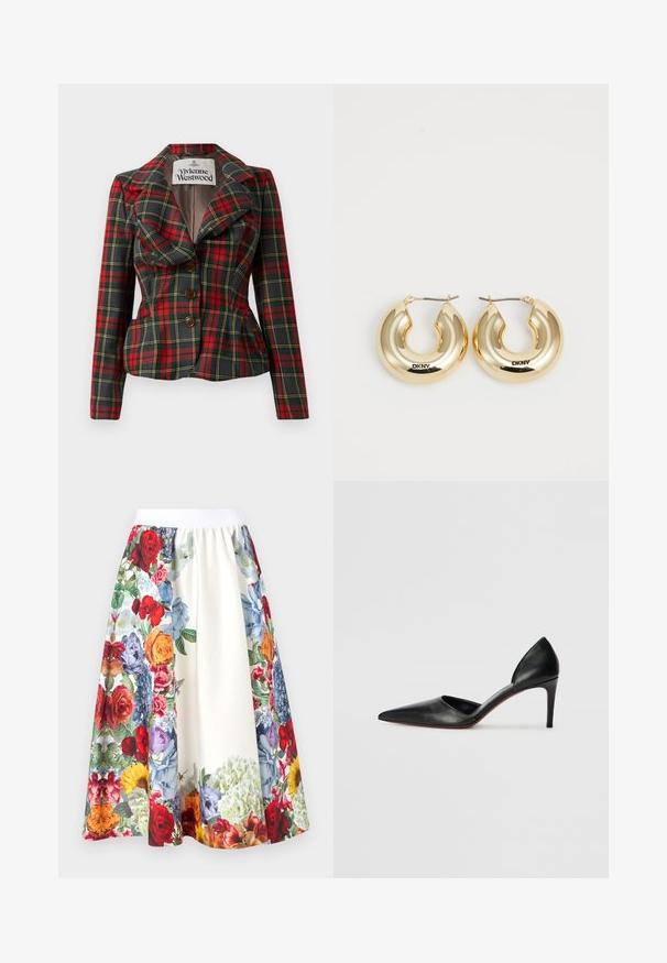 Chaqueta a cuadros en rojo y negro con un corte entallado, grandes solapas y tres botones marrones en la parte delantera. Interior forrado, etiqueta de Vivienne Westwood visible.; Camisón de satén blanco con tirantes ajustables, un busto estructurado con ondulaciones y un dobladillo recto. Textura suave y diseño minimalista.; Alice + Olivia EARLA FLARE MIDI SKIRT - Falda acampanada - off white; Zapatos de tacón alto de cuero negro con punta afilada, lados abiertos y una silueta elegante. Presentan un tacón delgado y un acento en la suela roja.; Pendientes de aro de oro con un diseño liso y redondeado y un acabado brillante, que cuentan con un cierre para asegurar. Grabados con "DKNY".