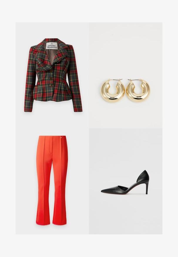 Jachetă cu carouri roșii și negre, cu croială ajustată, rever mari și trei nasturi maronii în față. Interior căptușit, eticheta Vivienne Westwood vizibilă.; Camisole alb din satin cu bretele ajustabile, bust structurat și ondulat, și tiv drept. Textură netedă și design minimalist.; Pantaloni roșii din satin cu o formă evazată, având un plisat frontal și o garnitură decorativă la tiv. Un mic accent metalic este amplasat la talie.; Pantofi cu toc înalt din piele neagră, cu vârf ascuțit, laturi deschise și o siluetă elegantă. Prezintă un toc subțire și un accent pe talpa roșie.; Cercei din aur în formă de cerc, cu un design neted și rotunjit și o finisare strălucitoare, având un sistem de închidere pentru securizare. Gravati cu "DKNY."