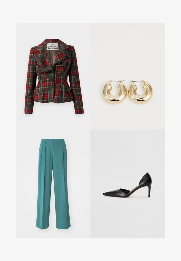 Červený a černý kostkovaný kabát se střihem na míru, velkými klopami a třemi hnědými knoflíky vpředu. Podšitý interiér, viditelný štítek Vivienne Westwood.; Bílá saténová košilka s nastavovacími ramínky, strukturovaným, vlnitým výstřihem a rovnými lemy. Hladká textura a minimalistický design.; Marc Cain Kalhoty - soft forest; Černé kožené lodičky na vysokém podpatku s špičatou špičkou, otevřenými stranami a elegantním tvarem. Disponují tenkým podpatkem a akcentem červené podrážky.; Zlaté kruhové náušnice s hladkým, zaobleným designem a lesklým povrchem, vybavené sponou pro zajištění. Vystouplý nápis "DKNY".