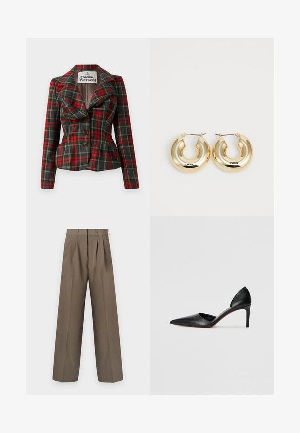 Giacca a scacchi rossa e nera con una vestibilità su misura, ampie rever, e tre bottoni marroni sul davanti. Interno foderato, etichetta Vivienne Westwood visibile.; Camisole bianco in satin con spalline regolabili, busto strutturato a onde e orlo dritto. Texture liscia e design minimalista.; Pantaloni marroni su misura con un design a gamba larga, pieghe e una superficie liscia. Presentano una vita aderente e passanti per la cintura.; Décolleté nere in pelle con tacco alto, punta affusolata, lati aperti e una silhouette elegante. Presentano un tacco sottile e una suola rossa in evidenza.; Orecchini a cerchio in oro con un design liscio e arrotondato e una finitura lucida, dotati di un gancio per la chiusura. Incisi con "DKNY."