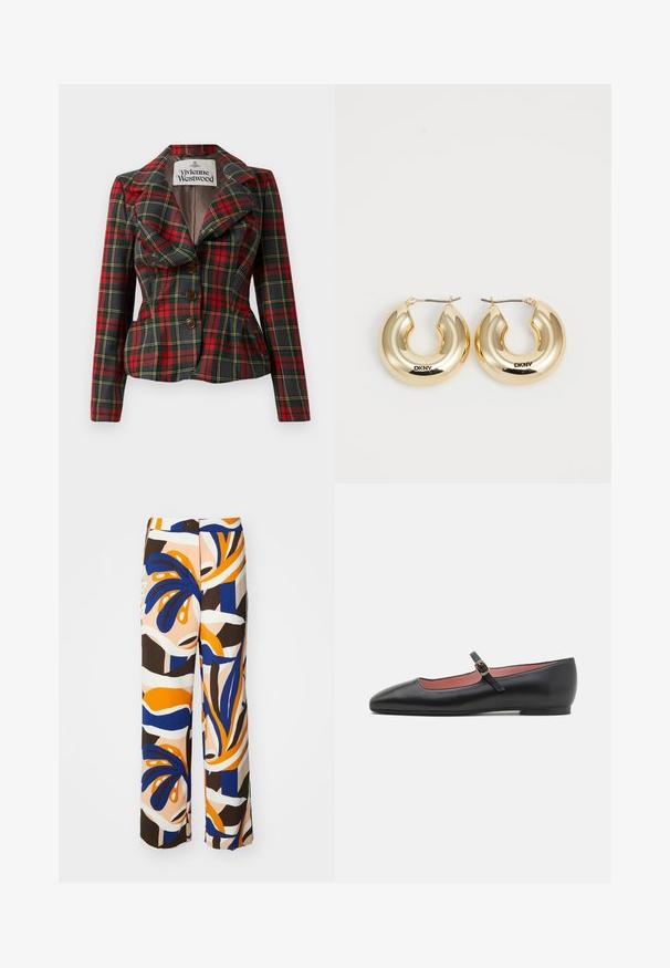 Jachetă cu carouri roșii și negre, cu croială ajustată, rever mari și trei nasturi maronii în față. Interior căptușit, eticheta Vivienne Westwood vizibilă.; Camisole alb din satin cu bretele ajustabile, bust structurat și ondulat, și tiv drept. Textură netedă și design minimalist.; Pantaloni largi cu un model multicolor, având nuanțe de albastru, portocaliu și maro. Construiți dintr-un material ușor, cu desene florale abstracte.; Pantofii flat din piele neagră cu vârf ascuțit și curea pentru glezne, dotată cu o cataramă aurie. Textură netedă cu un finisaj ușor lucios.; Cercei din aur în formă de cerc, cu un design neted și rotunjit și o finisare strălucitoare, având un sistem de închidere pentru securizare. Gravati cu "DKNY."