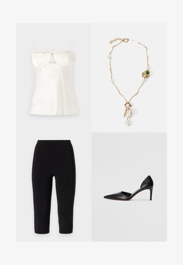 Piros és fekete kockás zakó, mely testhezálló fazonnal rendelkezik, nagy hajtókákkal és három barna gombbal az elülső részen. Bélése bélelt, Vivienne Westwood címke látható.; Fehér selyem női trikó állítható pántokkal, struktúrált, ívelt mellrésszel és egyenes aljjal. Sima textúra és minimalista dizájn jellemzi.; Fekete capri leggings rugalmas anyagból, magas derékkal és testhezálló kivitelben, látható varrások vagy minták nélkül.; Fekete bőrből készült, magas sarkú, hegyes orrú cipők, nyitott oldalakkal és karcsú sziluettel. Finom sarkuk van, piros talpéval kiemelve.; Arany színű nyaklánc csavart láncszemekkel, fehér gyöngyökkel és zöld kő díszítéssel. Bonyolult részletekkel rendelkezik, és zárómechanizmussal van ellátva.