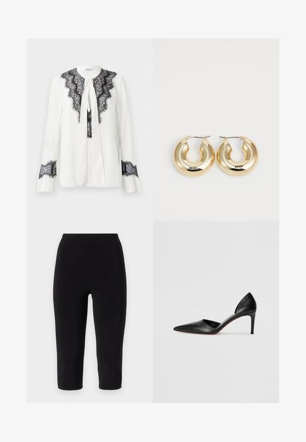 Crvena i crna karirana jakna s prilagođenim krojem, velikim reverima i tri smeđa dugmeta sprijeda. Podstavljena unutrašnjost, vidljiva oznaka Vivienne Westwood.; Bijela bluzica s crnim čipkastim detaljima duž ovratnika i rukava, s vezanjem na izrezu i nabranim manžetama.; Crne capri tajice od rastezljivog materijala, s visokim strukom i prilagođenim dizajnom, bez vidljivih šavova ili uzoraka.; Crne kožne cipele s visokom potpeticom, s uskim vrhom, otvorenim stranama i elegantnim siluetom. Imaju tanke potpetice i crveni akcent na potplatu.; Zlatne kružne naušnice s glatkim, zaobljenim dizajnom i sjajnom površinom, s kopčom za učvršćivanje. Ugravirano s "DKNY."
