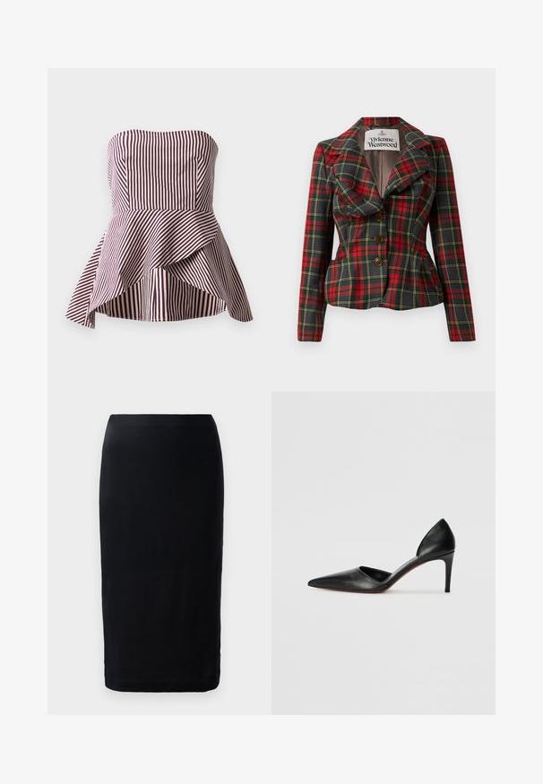 Rote und schwarze Karojacke mit taillierter Passform, großen Revers und drei braunen Knöpfen auf der Vorderseite. Futter aus Innenmaterial, label von Vivienne Westwood sichtbar.; Trägerloses Peplum-Oberteil in dunklem Rot und cremefarbenen Streifen, mit einem taillierten Oberteil und einem ausgestellten, mehrlagigen Saum für zusätzlichen Textur.; Schwarzer Bleistiftrock aus glattem Stoff, mit schlanker Passform, knielangem Design und einem einfachen Saum ohne sichtbare Muster oder Akzente.; Schwarze Leder-Pumps mit hohen Absätzen, spitz zulaufender Zehenpartie, offenen Seiten und einer eleganten Silhouette. Besitzt einen dünnen Absatz und einen roten Sohlenakzent.