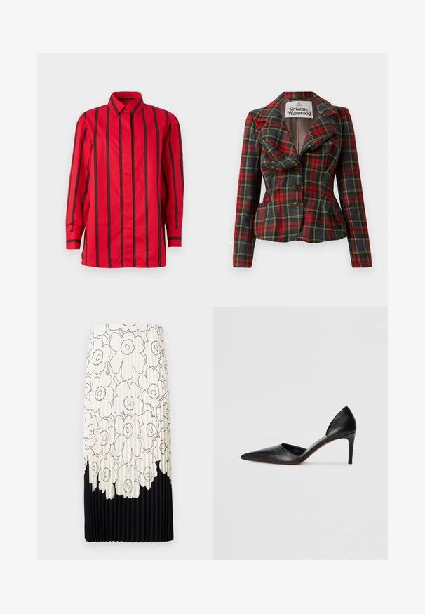 Giacca a scacchi rossa e nera con una vestibilità su misura, ampie rever, e tre bottoni marroni sul davanti. Interno foderato, etichetta Vivienne Westwood visibile.; Camicia rossa con bottoni, a strisce nere verticali, maniche lunghe, colletto e orlo dritto. Realizzata in tessuto leggero.; Gonna plissettata con un motivo floreale in bianco e nero, caratterizzata da una parte superiore chiara decorata con fiori e un orlo inferiore nero uniforme.; Décolleté nere in pelle con tacco alto, punta affusolata, lati aperti e una silhouette elegante. Presentano un tacco sottile e una suola rossa in evidenza.