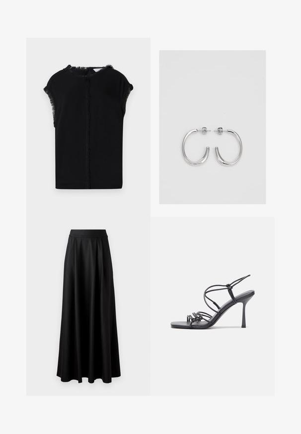 Punainen ja musta ruudullinen takki, jossa on istuva malli, suuret läpät ja kolme ruskeaa nappia edessä. Vuorattu sisäosa, Vivienne Westwood -logo näkyvissä.; Musta paita, jossa on sileä ja pehmeä pinta, sekä frilliyksityiskohdat hihoissa ja kaula-aukossa. Yksinkertainen, rento siluetti.; Mustat, lattiapituinen hame, jossa on sileä pinta, leveä vyötäröosa ja plissoitu muotoilu, ilman näkyviä kuvioita tai koristeita.; Mustat korkokengät sandaalit, joissa on ohuet hihnat solmittuna, sileä neliön muotoinen varvasosa ja tyylikäs stiletto-korko.; Hopehopeet hopehopeet hopehopeet hopehopeet, jolla on sileä, kiiltävä pinta. Pyöreä muoto, kevyt rakenne, jossa on neulakiinnitys.