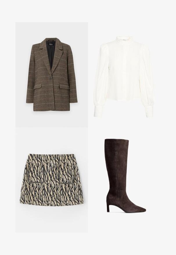 Rudas herringbone švarkas su apipjaustyta apykakle, vienu mygtuku, dviem priekinėm kišenėm ir juoda vidine pamušalu. Subtiliai patikslintas tikrinimo raštas.; Balta ilga rankovė bluzonė su tekstūruota, raukšlėta medžiaga. Yra aukštas, voliukas apykakle ir mygtukų užsegimas. Plati pūsta rankovė ir užsegti riešai.; Trumpalaikė sijonas su juodu ir beige abstrakčiu raštu, turintis dvi priekines kišenes, aprašytas juodu siūlu. Medvilnės mišinys.; Rudi zomšo oda iki kelių aukščio batai su smailiu pirštu ir 3 colių kulnu. Lygi tekstūra, elegantiška silueto forma ir minimalistinis dizainas.