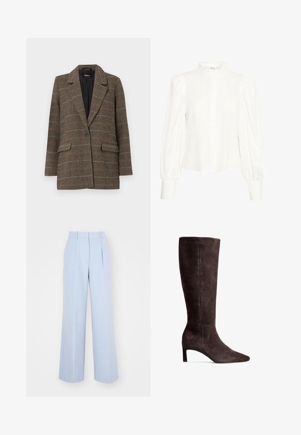 Ruskea herringbone-pukujakki, jossa on kaareva läppä, yksittäinen napin kiinnitys, kaksi etutaskua ja musta sisävuori. Hillitty ruutukuosiset yksityiskohdat.; Valkoinen pitkähihaisen pusero, jossa on teksturoitu, ryppyinen kangas. Sisältää korkean, röyhelökauluksen ja nappisulkemisen. Laajat puffi-hihat ja pusero-ylöspäin käännetyt hihansuut.; Vaaleansiniset leveät housut, joissa on korkea vyötärö ja edessä laskokset, valmistettu sileästä kudotusta kankaasta. Ei näkyvää metalliosaa.; Ruskista nahasta valmistetut polvipituiset saappaat, jossa on terävä kärki ja 3 tuuman korkeus. Suora pinta, sulavalinjainen muotoilu ja minimalistinen tyyli.