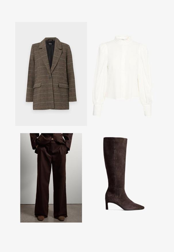 Brown herringbone blazer with a notched lapel, single button closure, two front pockets, and a black inner lining. Subtle check pattern accents.; White long-sleeve blouse with a textured, crinkled fabric. Features a high, ruffled collar and button closure. Wide puffed sleeves and cuffed wrists.; Brown wide-leg trousers made of soft fabric, featuring a smooth texture with side pockets and a tailored fit at the waist.; Brown suede knee-high boot with a pointed toe and 3-inch heel. Smooth texture, sleek silhouette, and minimalistic design.