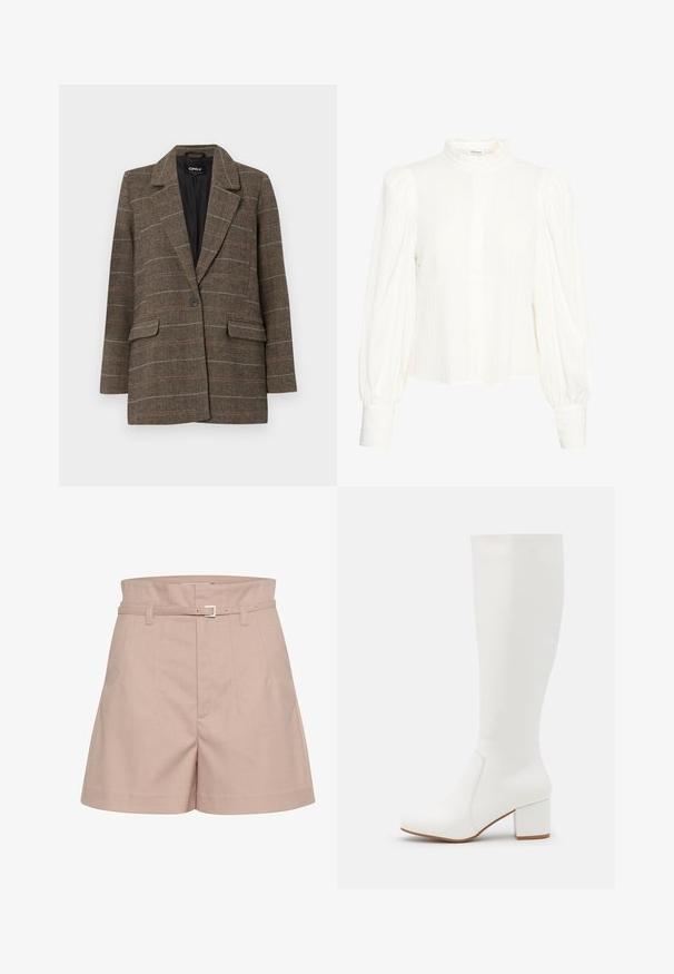 Ruskea herringbone-pukujakki, jossa on kaareva läppä, yksittäinen napin kiinnitys, kaksi etutaskua ja musta sisävuori. Hillitty ruutukuosiset yksityiskohdat.; Valkoinen pitkähihaisen pusero, jossa on teksturoitu, ryppyinen kangas. Sisältää korkean, röyhelökauluksen ja nappisulkemisen. Laajat puffi-hihat ja pusero-ylöspäin käännetyt hihansuut.; Vaaleanpunaiset mittatilaustyönä tehdyt shortsit, jotka on valmistettu teksturoidusta kankaasta. Niissä on leveä vyötärö, vyölenkit ja hopeinen solkiyksityiskohta.; Valkoiset nilkkapituiset saappaat, joissa on sileä ja kiiltävä pinta. Neliömäinen tukevampi korko ja huomaamaton ommelkohta sivussa.