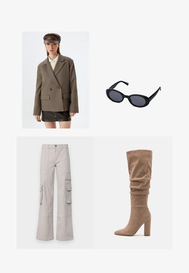 Ruskea ruudullinen bleiseri, jossa on kaksirivinen malli, kauluskäänteet, kaksi etutaskua ja tummat napit, yhdistetty mustaan nahkahameeseen.; Vaaleansininen napitettavan paidan, jossa on pystysuoria valkoisia raidoita, pitkät hihat ja kaulus. Paidassa on sivusolkiyksityiskohta ja kukkaro hihat.; Vaaleanharmaat cargo-housut, joissa on leveät lahkeet, useita taskuja ja tekstuuri pinta. Ominaisuuksiin kuuluvat näkyvät saumat ja napit.; Anna Field Saappaat - beige; Mustat soikeat aurinkolasit tummilla linsseillä, paksu muovikehys, lievästi kaareva muotoilu ja kultainen logo yksityiskohta sankassa.; Pehmeä ruskea hobo-tyylinen käsilaukku, jossa on yksi leveä olkahihna ja kaareva yläosan aukko, esitelty valkoista taustaa vasten.