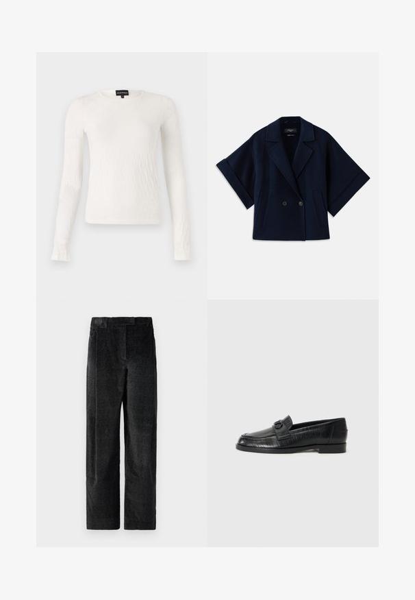 Námornícky modrý kabát z vlnenej zmesi so šálovým golierom, dvojradovým gombíkovým zapínaním, krátkymi rukávmi a dvoma prednými vreckami.; Biely top s dlhými rukávmi s textúrovaným, tkaným vzorom. Okrúhly výstrih a priliehavý strih. Mäkka tkanina s jemným leskom.; Čierne, textúrované nohavice s širokými nohavicami a výrazným tkaním, s prednými skladmi a plochým pásom. Klasický dizajn pre všestrannosť.; Čierne kožené mokasíny so hladkým povrchom, s embosovaným lineárnym vzorom a dekoratívnou prackou na priehlavku. Nízky blokový podpätok.