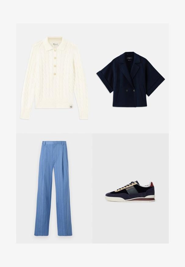 Tamsiai mėlynas vilnos mišinio švarkas su šalikine apykakle, dvigubos krūtinės sagčių uždarymu, trumpomis rankovėmis ir dviem priekinių kišenių.; Kreminė kabelinė megztinė su apykakle, keturių mygtukų užsegimu, galuotais rankogaliais ir mažu logotipu ant apdailos.; Šviesiai mėlynos plačios kojų kelnės su vertikaliomis baltomis juostelėmis. Pagamintos iš lygaus audinio, turi priekinę raukšlę ir švarų juosmens dizainą.; Jūrų melsvi velveto sportbačiai su smėlio ir tamsiai mėlynomis detalėmis. Turi baltą gumos pabanduką ir auksinius logotipus šone. Klasikinis sportinis dizainas.