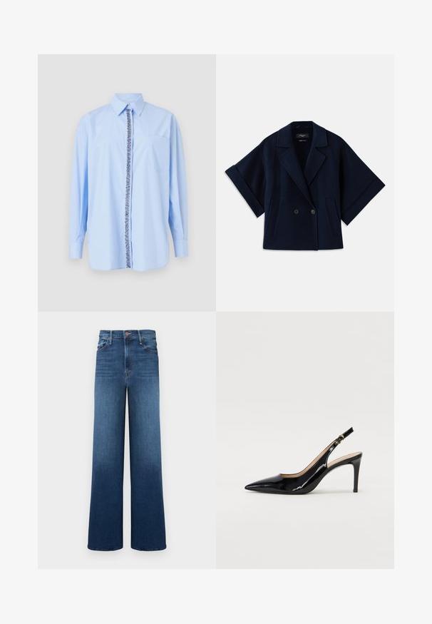 Marineblauwe wolmixjas met een sjawlkragnaad, dubbelbreasted knoopsluiting, korte mouwen en twee voorzakken.; Lichtblauwe blouse met lange mouwen en een puntige kraag, voor sluiting met een bloemenpatroon en een pocket aan de linkerkant van de borst. Gladde stoftextuur.; Wijd passende jeans in een vervaagde blauw-was, met een hoge tailleband, vijf zakken en contrasterende stiksels voor extra detail.; Zwarte gepatineerde leren slingback pump met een puntige neus, slanke hak en een subtiel uitgesneden ontwerp. Bevat een gouden gesp op de band.