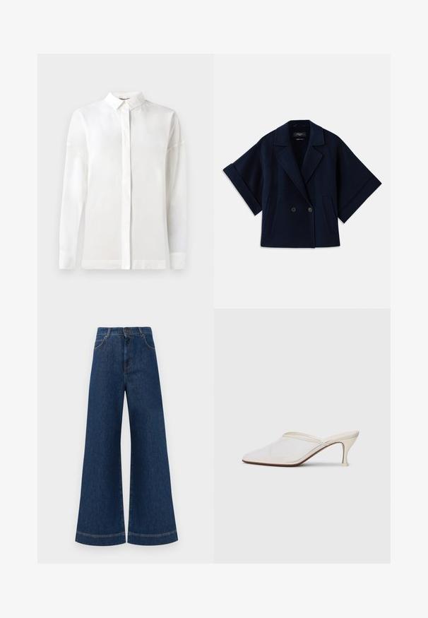 Marinblå ullblandning jacka med sjalkrage, dubbelknäppt knappstängning, korta ärmar och två framfickor.; Vit långärmad skjorta med knäppbar krage, slät textur, rak skärning och dold knappslå. Mjukt, lätt material utan mönster.; Bredda blå denimjeans med hög midja, med knappstängning, bältesögglor och subtila sömdetaljer längs fickorna och fållarna.; Vit nät-mule med spetsig tå, smal klack i medelhöjd och slip-on design mot en enkel bakgrund.