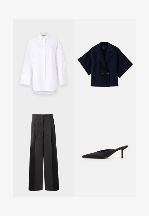 Navy blue wool blend jacket with a shawl collar, double-breasted button closure, short sleeves, and two front pockets.; White button-up shirt made of smooth cotton, featuring a classic collar, long sleeves with cuffs, and a straight hem with side slits.; Black wide-leg trousers with a high waist, featuring front pleats, a smooth texture, and a tailored finish. Designed for a relaxed fit.; Black pointed-toe mule with a sleek design, made of smooth fabric, featuring a slender heel and open back for easy wear.