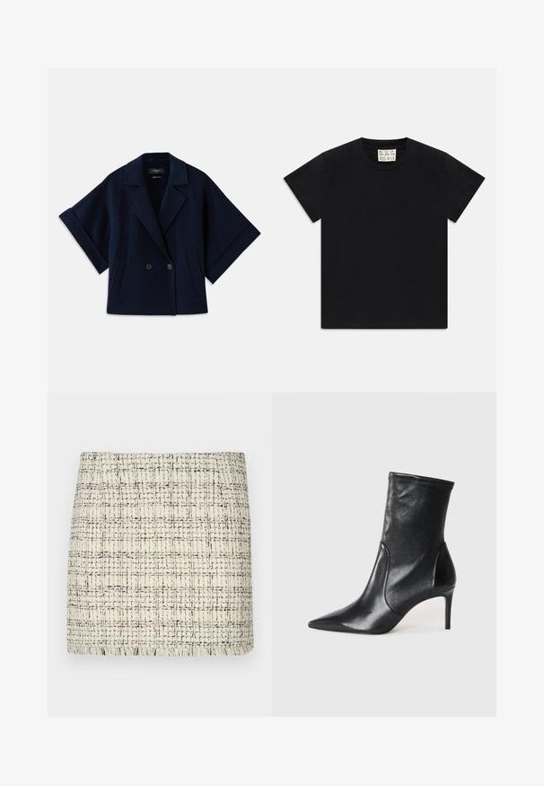 Marineblaues Wollmischgewebe-Jackett mit Schalkragen, doppelter Knopfleiste, kurzen Ärmeln und zwei Vordertaschen.; Schwarzes Kurzarm-T-Shirt mit Rundhalsausschnitt und einem weißen Etikett im Kragen, darauf steht "D.R.C. EST. 2002", vor einem weißen Hintergrund.; Cremefarbene und schwarze Tweed-Minirock mit strukturiertem Muster, geradem Schnitt und fransigem Saum für Details.; Schwarze Stiefeletten aus glattem Leder, mit einer spitzen Zehe, schmalem Schaft und schlanker, hoher Ferse. Minimalistisches Design ohne sichtbare Beschläge.
