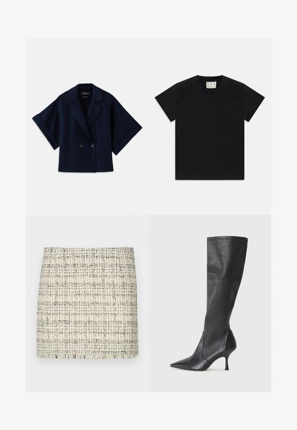 Tumši zilas vilnas jaukta šķiedras jakas ar šalu apkakli, dubultā pogu aizdare, īsām piedurknēm un divām priekšējām kabatām.; Melns īsām piedurknēm kreklus ar balto uzlīmi iekšā apkaklītē, kas apzīmēta ar "D.R.C. EST. 2002" uz baltas fona.; Kreppēta mini svārki krēmkrāsā un melnā, ar teksturētu rakstu, taisnu piegriezumu un frizētu apdari detaļām.; Ceļa auguma melni ādas zābaki ar smailu purngalu un šauru stiletto papēdi. Gluda tekstūra ar pieguļošu dizainu un izšuvumiem augšējā malā.