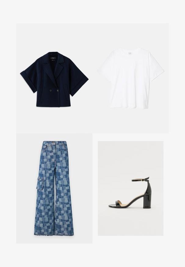 Casaco azul marinho em mistura de lã com colarinho tipo xale, fecho de botões de duplo peito, mangas curtas e dois bolsos frontais.; T-shirt de algodão branco com mangas curtas, decote redondo, corte descontraído e bainha cosida. Etiqueta visível no interior do pescoço.; Jeans de perna larga em denim azul com um grande padrão de patchwork, bainha desfiada e bolso lateral com detalhe em botão.; Sandal de pele sintética preta com salto largo, ponta aberta e tira no tornozelo com fivela dourada. Textura suave e design elegante.