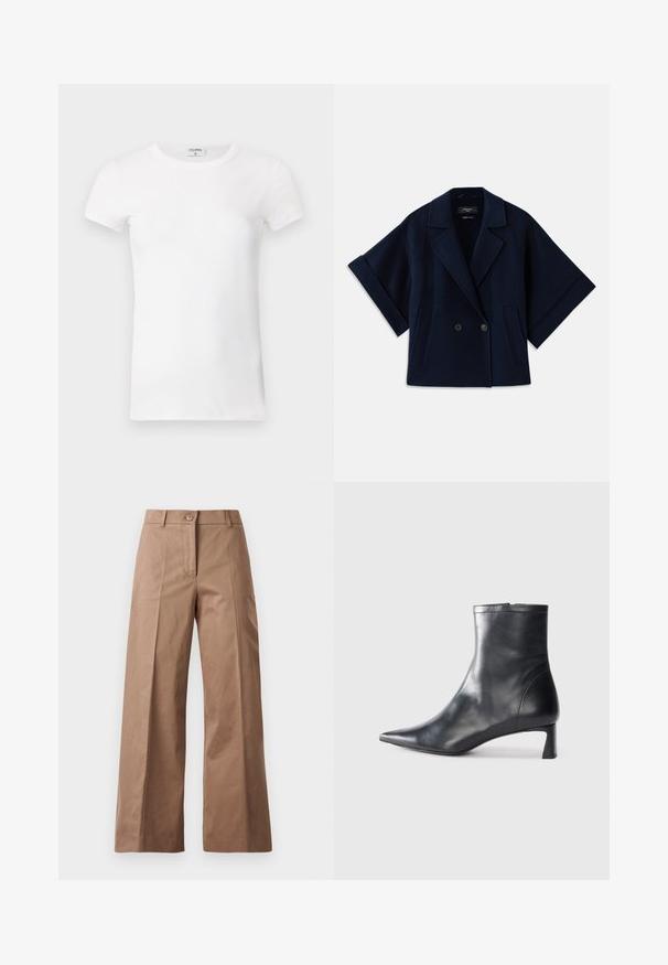 Casaco azul marinho em mistura de lã com colarinho tipo xale, fecho de botões de duplo peito, mangas curtas e dois bolsos frontais.; T-shirt branco de manga curta com gola redonda. O tecido parece suave com uma silhueta justa. Etiqueta de marca visível na gola.; Calças largas castanhas feitas de um tecido suave, com fecho frontal por botão, dois bolsos frontais e linhas limpas e ajustadas.; Bota de tornozelo em pele preta com biqueira apontada e um design elegante. Apresenta um salto baixo e um fecho com zipper na parte de trás. Textura suave.