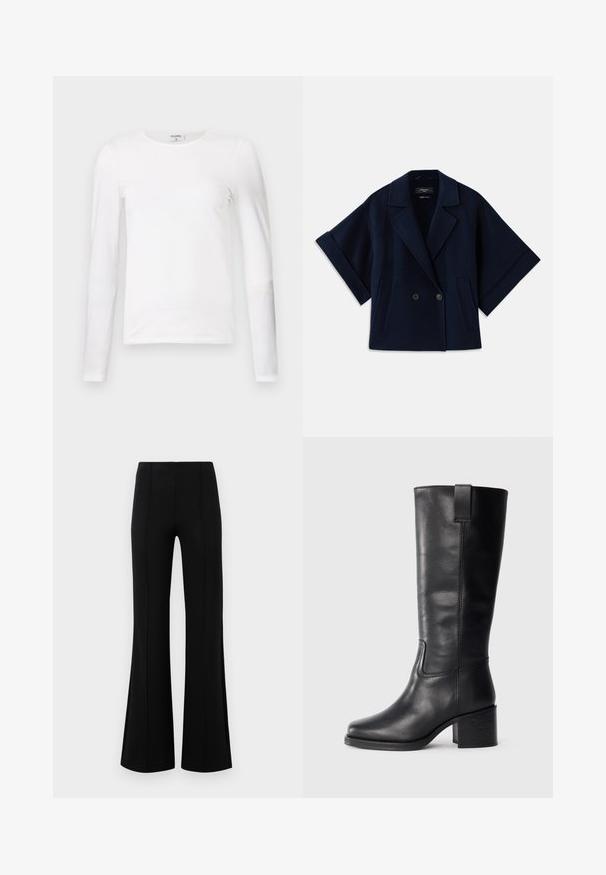 Mørkeblå uldblandingsjakke med sjalskrave, dobbeltradet knaplukning, korte ærmer og to forlommer.; Hvid langærmet t-shirt lavet af blødt bomuld, med en rund halsudskæring og en slim fit design med rene sømme og uden synlige mønstre.; Sorte højtaljede flared bukser lavet af strækbart stof. Har vertikale sømdetaljer foran og en glat tekstur.; Sorte læderknæhøje støvler med en glat tekstur, firkantet tå, blokhæl og sideløkke, der har minimale syninger.