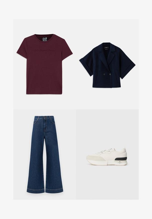 Casaco azul marinho em mistura de lã com colarinho tipo xale, fecho de botões de duplo peito, mangas curtas e dois bolsos frontais.; T-shirt de algodão bordeaux com mangas curtas, decote redondo e logótipo bordado EA7 Emporio Armani na frente. Corte clássico.; Jeans azul de perna larga com cintura alta, apresentando um fecho de botão, passantes para cinto e detalhes de costura discretos ao longo dos bolsos e das bainhas.; Sneaker branco com biqueira em camurça texturizada, parte superior em malha lisa, atacadores decorativos e um detalhe na parte de trás em borracha preta.