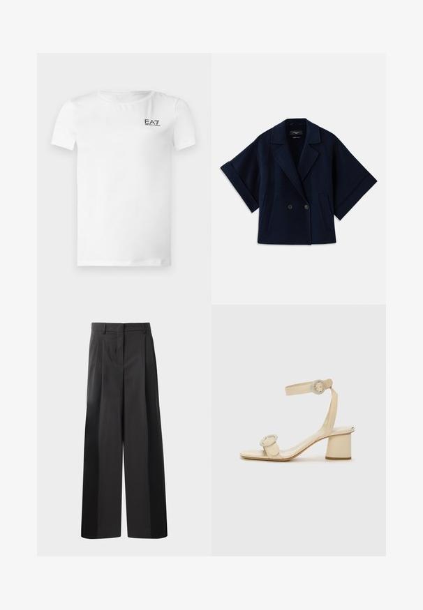 Tamsiai mėlynas vilnos mišinio švarkas su šalikine apykakle, dvigubos krūtinės sagčių uždarymu, trumpomis rankovėmis ir dviem priekinių kišenių.; Baltas trumpomis rankovėmis marškinėlis iš minkštos medžiagos, kairėje viršutinėje pusėje yra juodas išsiuvinėtas logotipas, apvalus apykaklė ir tiesi apačia.; Juodos plačios kelnės su aukštu liemeniu, su priekinėmis raukšlėmis, glotnia tekstūra ir pritaikytu apdailos stiliumi. Sukurtos laisvam sėdėjimui.; Šviesiai rudos spalvos aukštakulniai šlepetės minimalistiniu dizainu, su dviem apvaliais akcentais ir masyviu kulnu. Pagamintos iš lygaus odos.