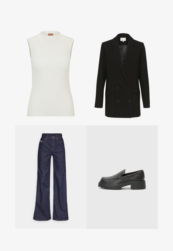 Blazer doppio petto a righe nere con finitura in satin, rever a punta e due tasche frontali. Presenta righe a contrasto verdi.; Top bianco senza maniche con un colletto alto, caratterizzato da una texture a coste e un design aderente. Etichetta del marchio "BOSS" visibile sul colletto.; Jeans a gamba larga di denim blu scuro con vita alta, caratterizzati da cuciture arancioni, design a cinque tasche e chiusura con bottone.; Mocassini in pelle nera con punta arrotondata, suola spessa e testurizzata, e minime cuciture. Design elegante senza lacci o parti metalliche visibili.