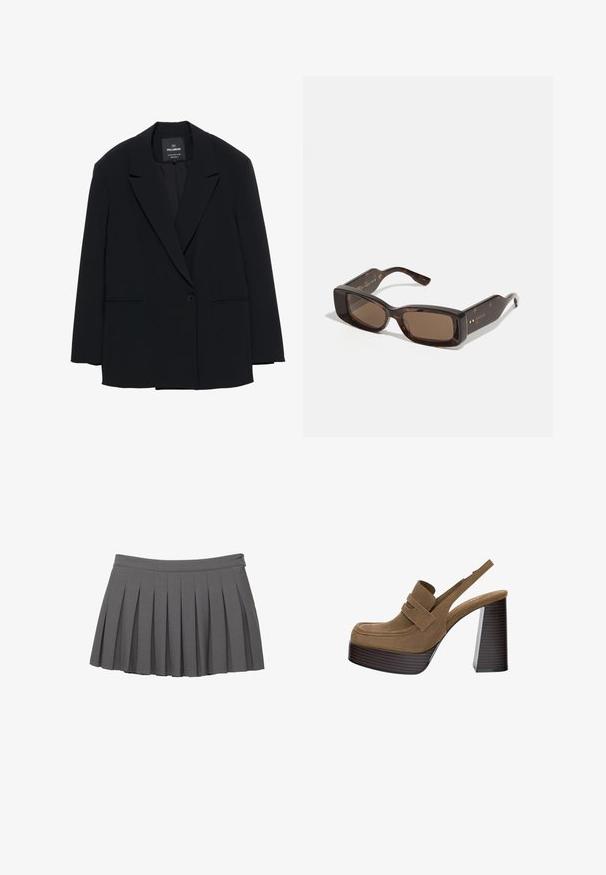 Black single-button blazer with notch lapels and two front slit pockets, labeled Pull&Bear, tailored fit.; Dark grey ribbed long-sleeve shirt with wide collar and deep V-neck, laid flat on a white background.; Gray pleated mini skirt with a buttoned waistband and a small logo embellishment on the right side.; Brown suede platform heels with a thick, ribbed block heel and a wide strap across the upper, featuring a rounded toe design.; Gucci sunglasses with rectangular brown lenses, tortoiseshell acetate frame, and gold logo detailing on the temples.; Black leather handbag with a structured design, top handle, detachable strap, and gold-tone hardware on a magnetic closure.