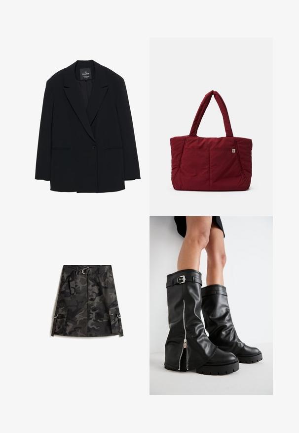 Blazer nero a un bottone con rever a punta e due tasche anteriori, etichettato Pull&Bear, vestibilita' slim.; Camicia a maniche lunghe a quadri verde e bianco con colletto, chiusura frontale con bottoni e orlo leggermente curvo. Realizzata in tessuto leggero con una finitura texturizzata.; Gonna camouflage di colore grigio scuro e nero, con cerniera frontale, cintura con fibbia argento e due tasche cargo con anelli.; Stivali alti neri in pelle con alti fianchi, dotati di cerniera laterale e accentuato con fibbia, finitura testurizzata e suola in gomma spessa.; Borsa a spalla trapuntata rossa con due manici robusti, caratterizzata da una tasca frontale e una texture distintiva, progettata per durabilità e funzionalità.