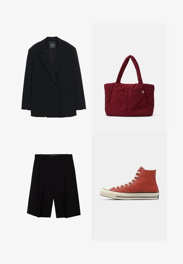 Crni sako s jednim dugmetom, ravnim reverima i dva prednja džepa sa prorezima, marke Pull&Bear, krojen u obliku.; Zelena i bijela karo košulja dugih rukava s ovratnikom, prednjim gumbima i lagano zakrivljenim rubom. Napravljena od laganog materijala s teksturiranim finišem.; Crne krojene kratke hlače širokih nogavica, s plisama na prednjem dijelu. Izrađene od glatkog materijala, dizajnirane za strukturirani fit.; Crveni platneni visoki tenisice s bijelim vezicama, gumeni vrh i crna pruga uz đon. Teksturesna tkanina i kontrastni detalji šivanja.; Crvena kvadratna torba s dvije čvrste ručke, s prednjim džepom i karakterističnom teksturom, dizajnirana za izdržljivost i funkcionalnost.