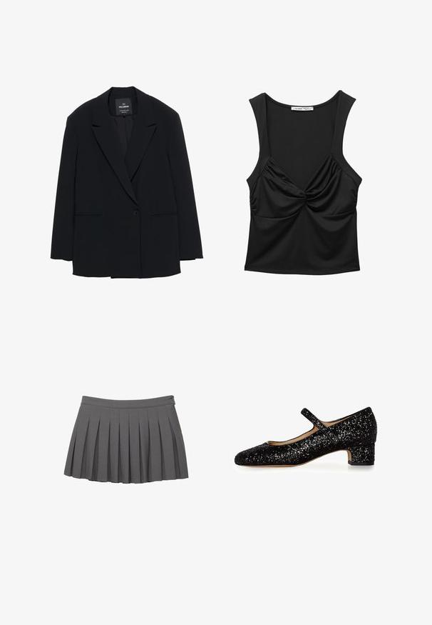 Czarna marynarka jednorzędowa z klapami i dwiema przednimi kieszeniami, oznaczona marką Pull&Bear, o dopasowanym kroju.; Czarny bezrękawnik wykonany z gładkiego materiału, z wywiniętym węzłem z przodu i luźnym krojem. Okrągły dekolt i szerokie ramiączka.; Szara plisowana mini spódniczka z zapinanym pasem i małym logo po prawej stronie.; Czarne, błyszczące buty Mary Jane z zaokrąglonym noskiem, niskim blokowym obcasem i jedną paskiem na podbiciu. Całość pokryta teksturowanym brokatem.
