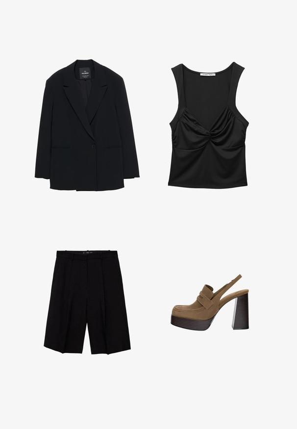 Černý blazer s jedním knoflíkem, klopami a dvěma předními šikmými kapsami, značka Pull&Bear, přiléhavý střih.; Černý top bez rukávů vyrobený z hladké tkaniny, s detailním zavázáním na přední straně a volným střihem. Kulatý výstřih a široká ramínka.; Černé šité kraťasy s širokými nohavicemi, s plisováním vpředu. Vyrobené z hladké látky, navržené pro strukturovaný střih.; Hnědé semišové platformové podpatky s tlustým, vroubkovaným blokovým podpatkem a širokým páskem přes nárt, s kulatou špičkou.