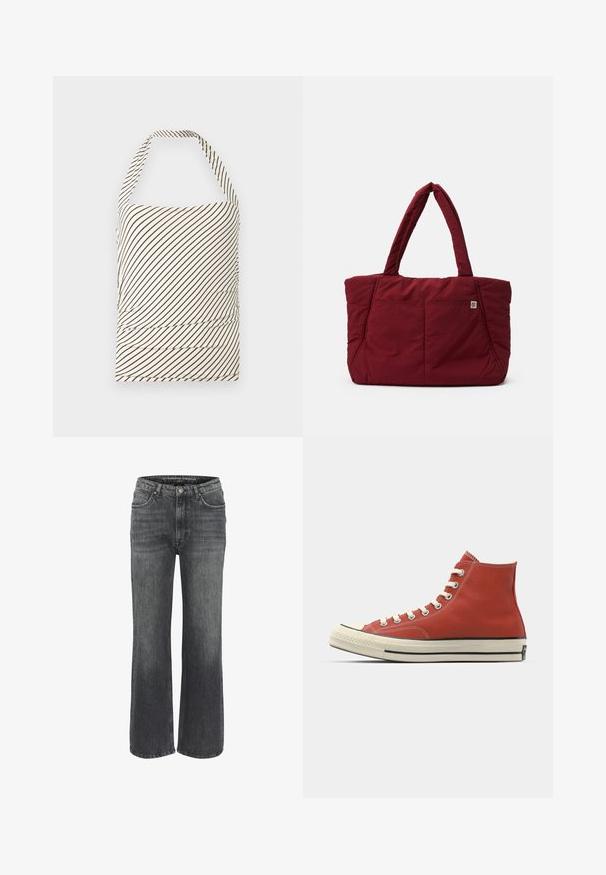 Black single-button blazer with notch lapels and two front slit pockets, labeled Pull&Bear, tailored fit.; Strapless top made of fabric with a light cream base and dark brown diagonal stripes. Features ruching at the waist and halter neck.; Green and white plaid long-sleeve shirt with a collar, button front, and a slightly curved hem. Made from lightweight fabric with a textured finish.; Wide-leg jeans in dark gray denim, featuring a classic five-pocket design, stitched detailing, and a button closure at the waist.; Red canvas high-top sneakers with white laces, rubber toe cap, and black stripe along the sole. Textured fabric and contrasting stitching details.; Red quilted tote bag with two sturdy handles, featuring a front pocket and distinctive texture, designed for durability and functionality.