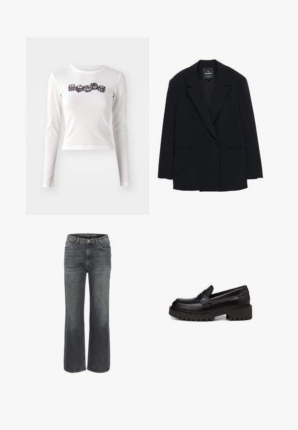 Schwarzer Ein-Knopf-Blazer mit Reverskragen und zwei vorderen Schlitztaschen, markiert mit Pull&Bear, taillierte Passform.; Langärmeliges weißes Hemd aus weichem Stoff mit schwarzem Würfelmotiv und Buchstaben. Schmaler Schnitt mit rundem Halsausschnitt und Midriff-Länge.; Weite Jeans aus dunkelgrauem Denim mit klassischem Fünf-Taschen-Design, genähten Details und einem Knopfverschluss an der Taille.; Marc O'Polo LOAFER MIT ROBUSTER PROFIL - Slipper - black