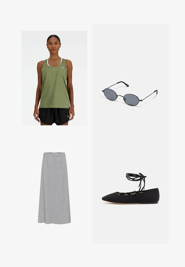 Czarna marynarka jednorzędowa z klapami i dwiema przednimi kieszeniami, oznaczona marką Pull&Bear, o dopasowanym kroju.; New Balance ESSENTIALS khaki; Szara, spódnica do kolan o gładkiej fakturze i subtelnym melanżowym wzorze. Posiada płaski przód z zakładkami oraz dopasowany pas.; Loeffler Randall LOUISA czarny; Czarne owalne okulary przeciwsłoneczne z ciemnymi szkłami i cienkimi metalowymi oprawkami. Posiadają smukłe zauszniki z delikatnym łukiem na końcach.